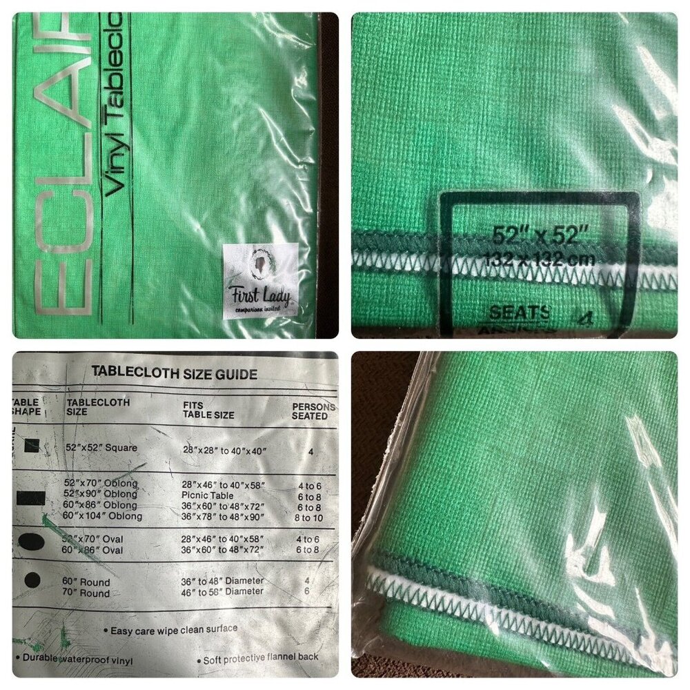 Vtg NOS Eclair First Lady 52"x52", Green Vinyl Flannel Back Tablecloth USA